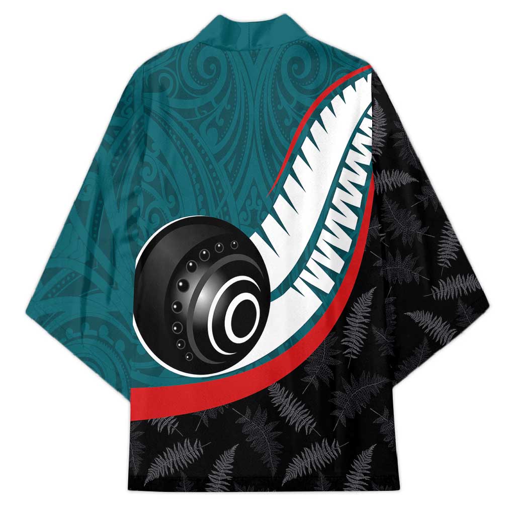 Personalised Aotearoa Lawn Bowls Kimono Maori and Silver Fern Sporty Style Teal Color - Polynesian Pride