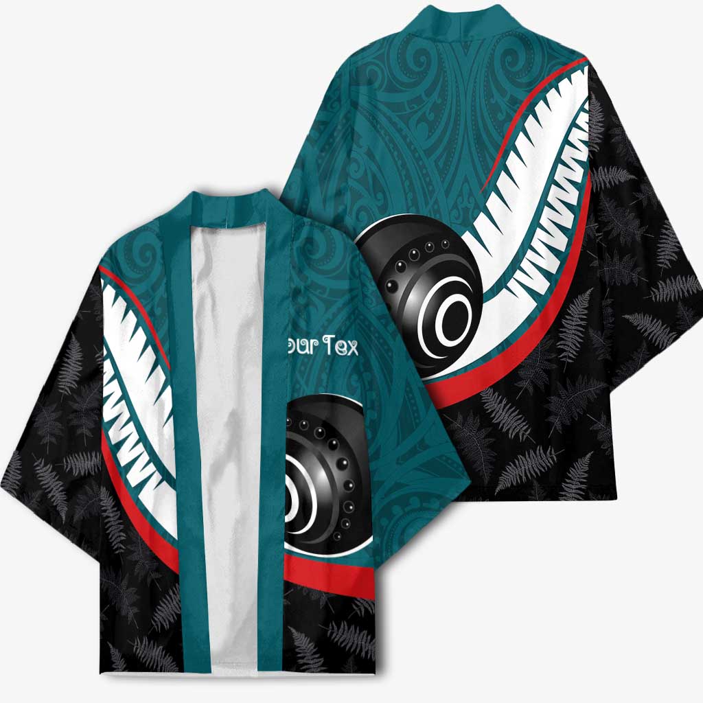 Personalised Aotearoa Lawn Bowls Kimono Maori and Silver Fern Sporty Style Teal Color - Polynesian Pride