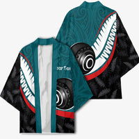 Personalised Aotearoa Lawn Bowls Kimono Maori and Silver Fern Sporty Style Teal Color - Polynesian Pride