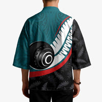 Personalised Aotearoa Lawn Bowls Kimono Maori and Silver Fern Sporty Style Teal Color - Polynesian Pride