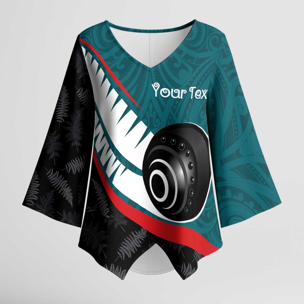 Personalised Aotearoa Lawn Bowls Kimono Sleeve Blouse Maori and Silver Fern Sporty Style Teal Color - Polynesian Pride