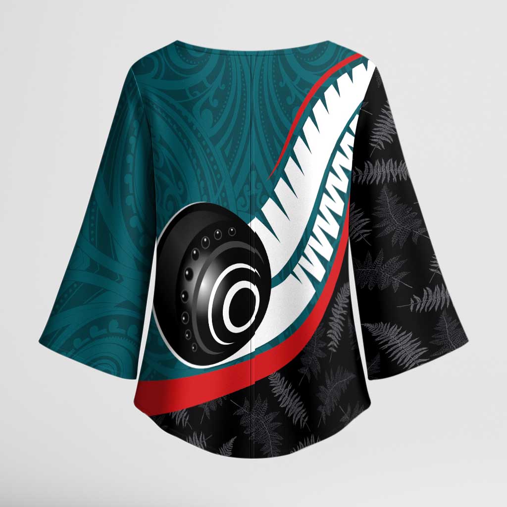 Personalised Aotearoa Lawn Bowls Kimono Sleeve Blouse Maori and Silver Fern Sporty Style Teal Color - Polynesian Pride