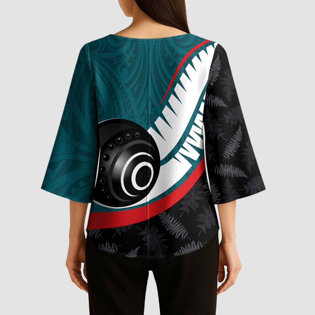 Personalised Aotearoa Lawn Bowls Kimono Sleeve Blouse Maori and Silver Fern Sporty Style Teal Color - Polynesian Pride