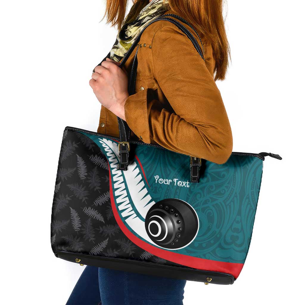 Personalised Aotearoa Lawn Bowls Leather Tote Bag Maori and Silver Fern Sporty Style Teal Color - Polynesian Pride