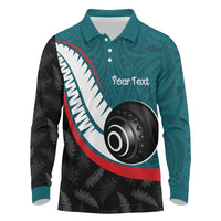 Personalised Aotearoa Lawn Bowls Long Sleeve Polo Shirt Maori and Silver Fern Sporty Style Teal Color - Polynesian Pride
