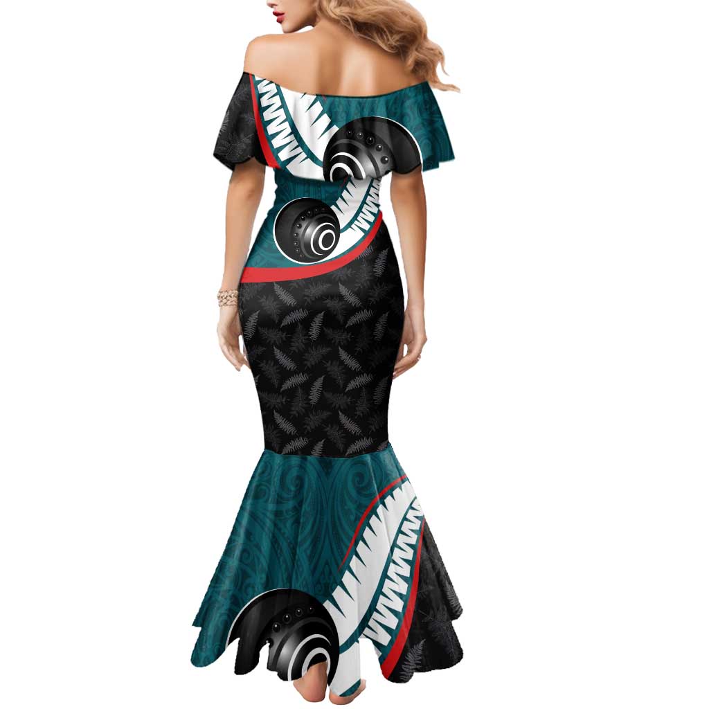 Personalised Aotearoa Lawn Bowls Mermaid Dress Maori and Silver Fern Sporty Style Teal Color - Polynesian Pride