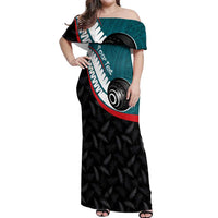Personalised Aotearoa Lawn Bowls Off Shoulder Maxi Dress Maori and Silver Fern Sporty Style Teal Color - Polynesian Pride