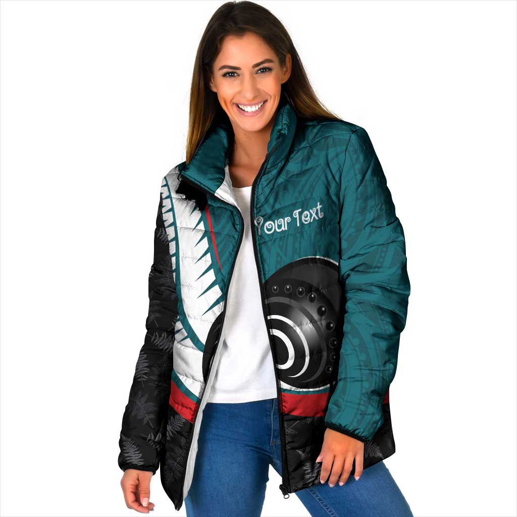 Personalised Aotearoa Lawn Bowls Padded Jacket Maori and Silver Fern Sporty Style Teal Color - Polynesian Pride