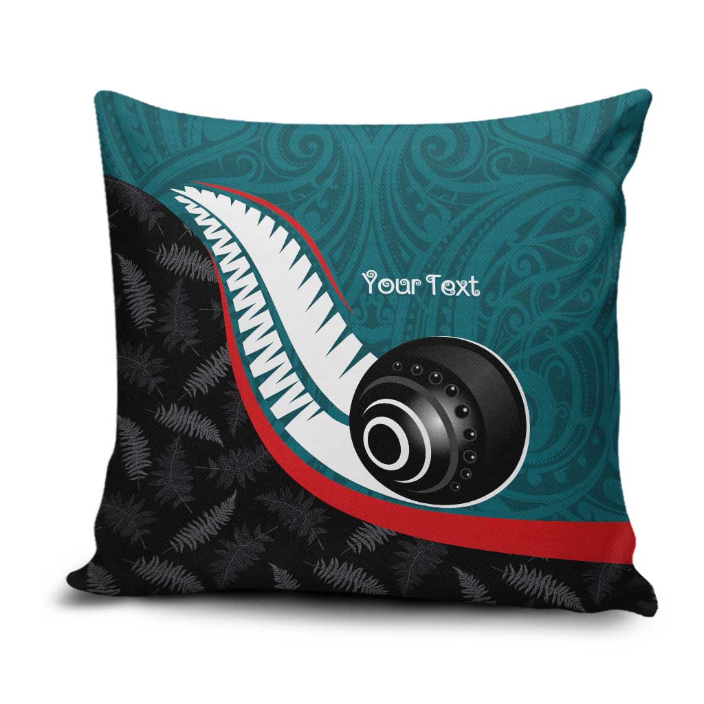 Personalised Aotearoa Lawn Bowls Pillow Cover Maori and Silver Fern Sporty Style Teal Color - Polynesian Pride