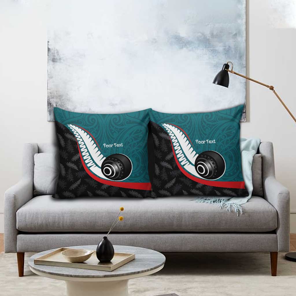 Personalised Aotearoa Lawn Bowls Pillow Cover Maori and Silver Fern Sporty Style Teal Color - Polynesian Pride