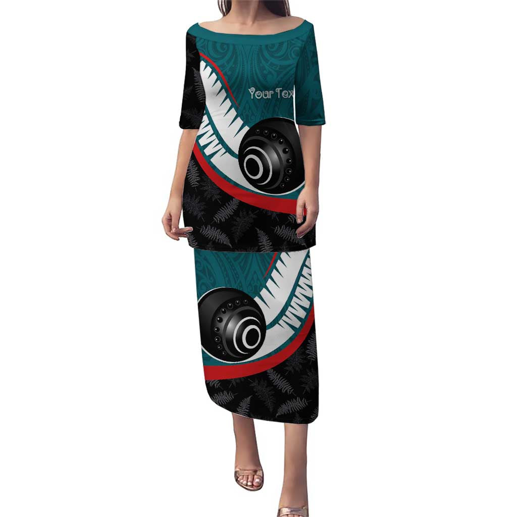Personalised Aotearoa Lawn Bowls Puletasi Maori and Silver Fern Sporty Style Teal Color - Polynesian Pride