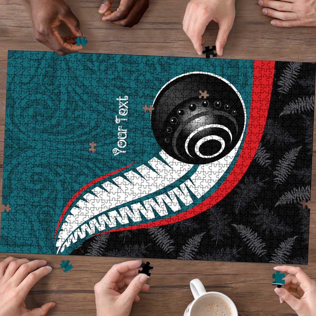 Personalised Aotearoa Lawn Bowls Puzzle Maori and Silver Fern Sporty Style Teal Color - Polynesian Pride