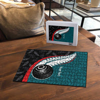 Personalised Aotearoa Lawn Bowls Puzzle Maori and Silver Fern Sporty Style Teal Color - Polynesian Pride