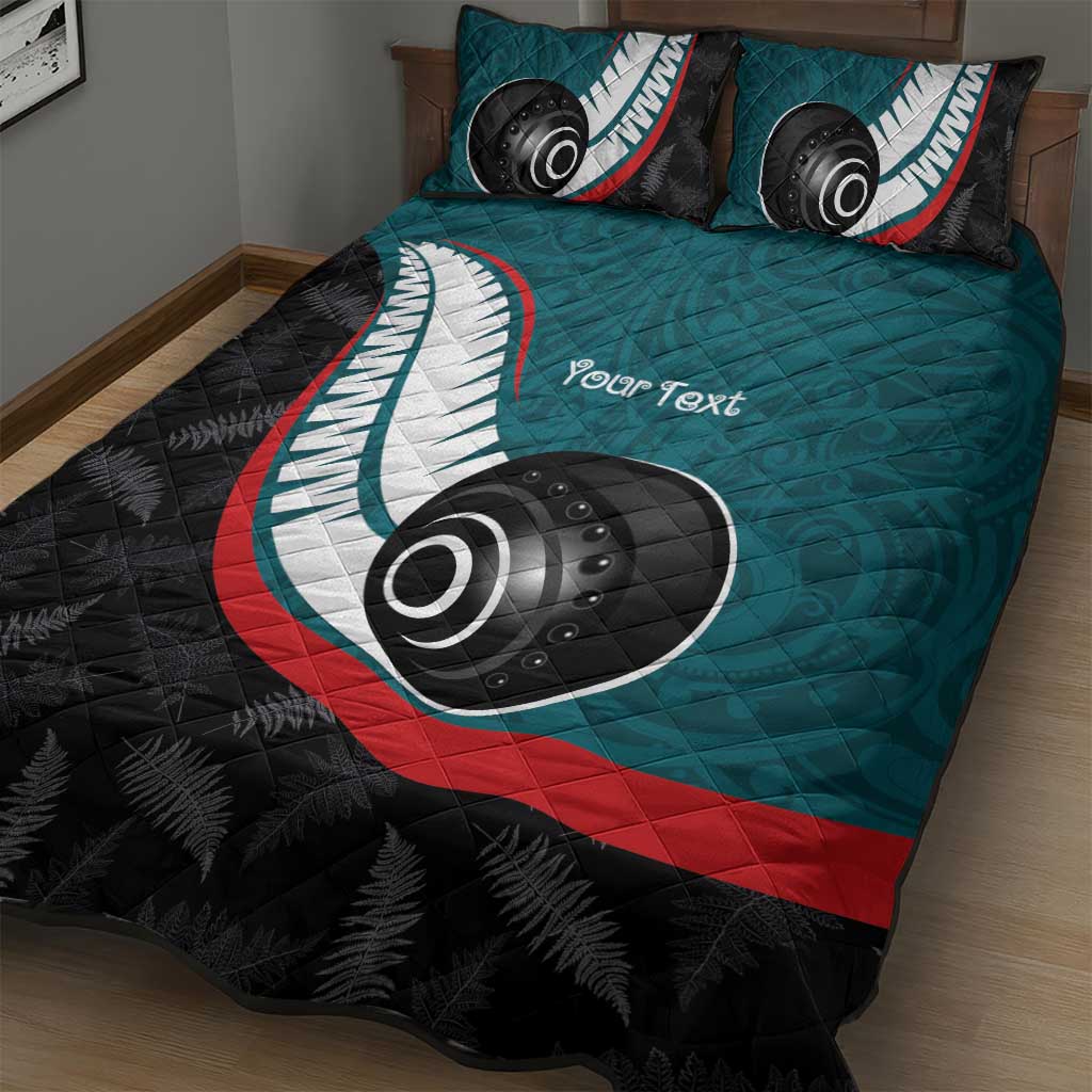 Personalised Aotearoa Lawn Bowls Quilt Bed Set Maori and Silver Fern Sporty Style Teal Color - Polynesian Pride