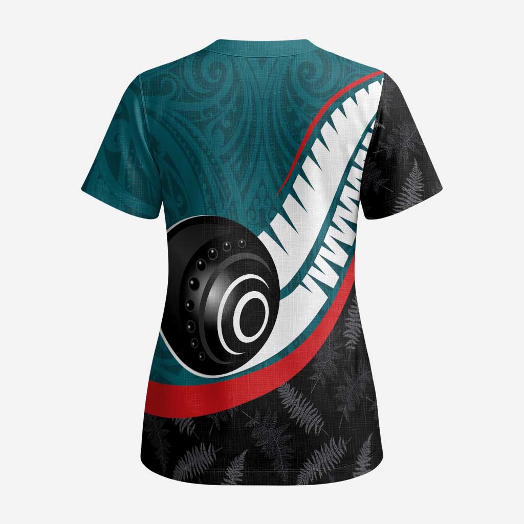 Personalised Aotearoa Lawn Bowls Scrub Top Maori and Silver Fern Sporty Style Teal Color - Polynesian Pride