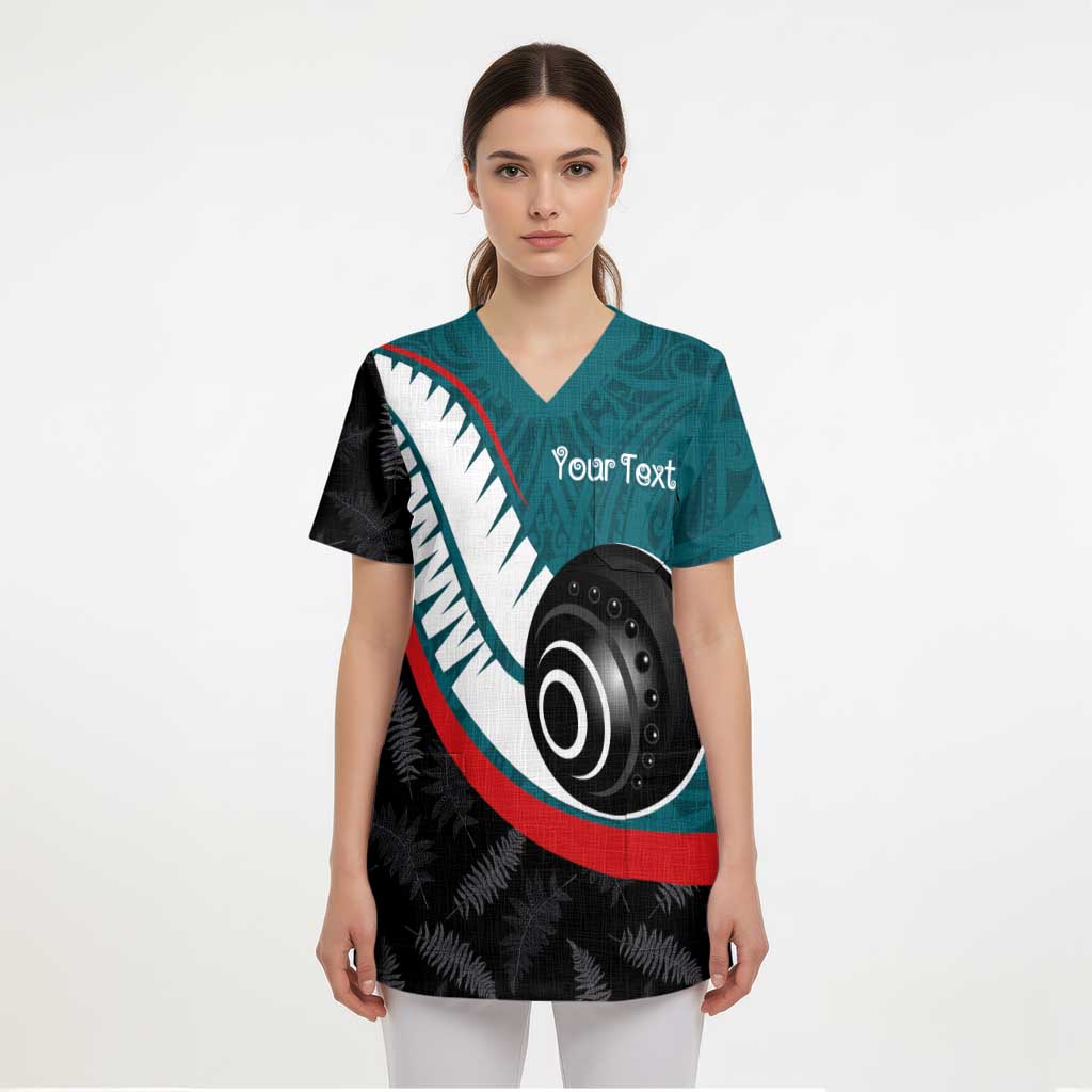 Personalised Aotearoa Lawn Bowls Scrub Top Maori and Silver Fern Sporty Style Teal Color - Polynesian Pride