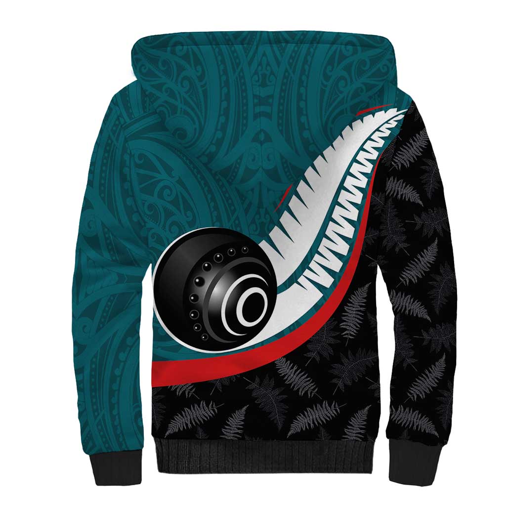 Personalised Aotearoa Lawn Bowls Sherpa Hoodie Maori and Silver Fern Sporty Style Teal Color - Polynesian Pride
