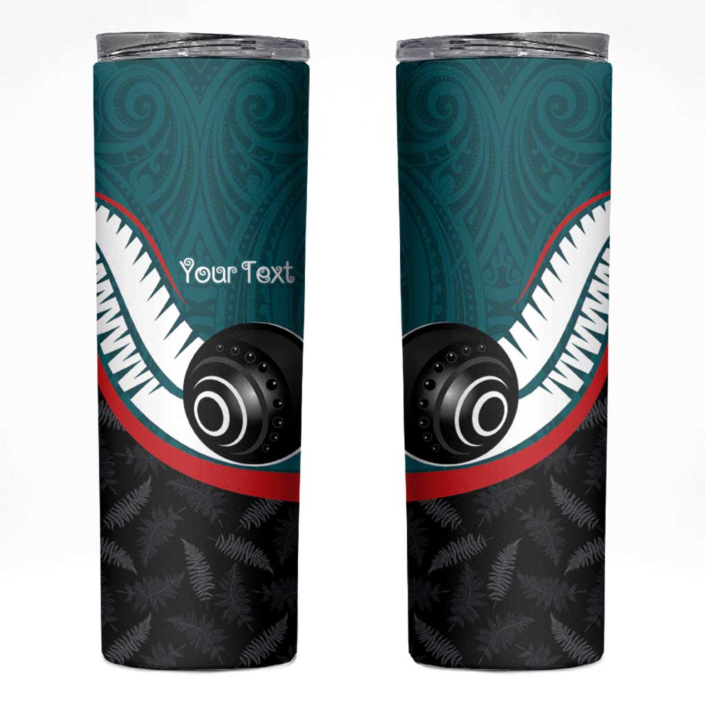 Personalised Aotearoa Lawn Bowls Skinny Tumbler Maori and Silver Fern Sporty Style Teal Color - Polynesian Pride
