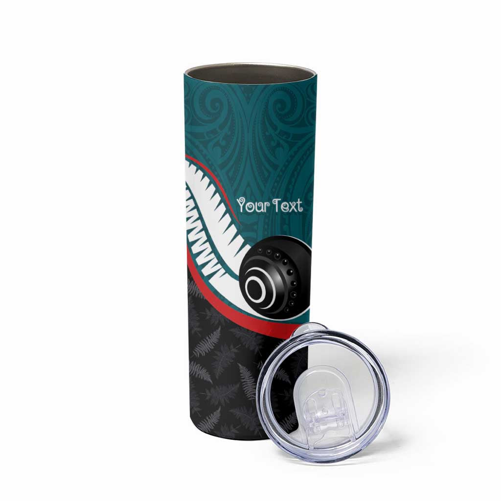 Personalised Aotearoa Lawn Bowls Skinny Tumbler Maori and Silver Fern Sporty Style Teal Color - Polynesian Pride