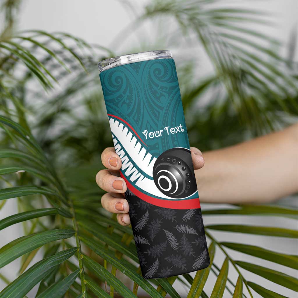 Personalised Aotearoa Lawn Bowls Skinny Tumbler Maori and Silver Fern Sporty Style Teal Color - Polynesian Pride