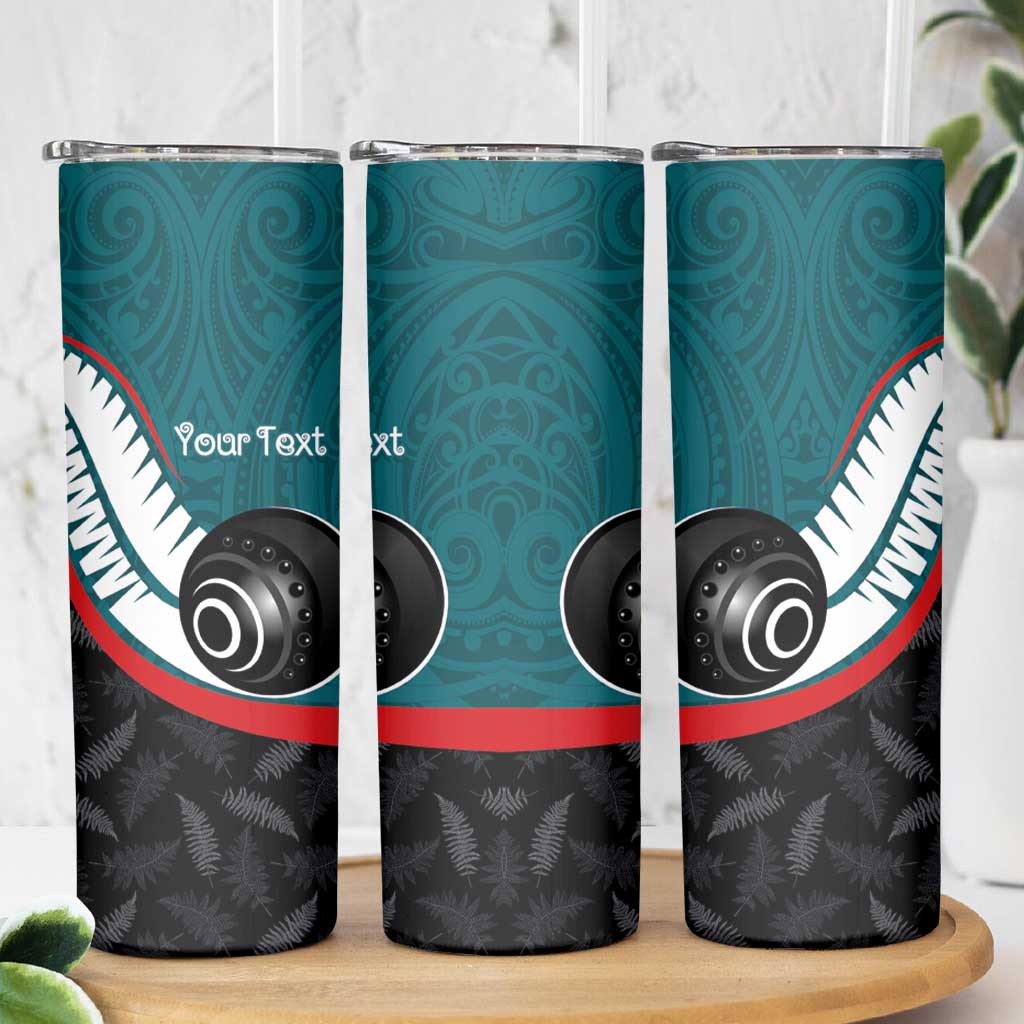 Personalised Aotearoa Lawn Bowls Skinny Tumbler Maori and Silver Fern Sporty Style Teal Color - Polynesian Pride