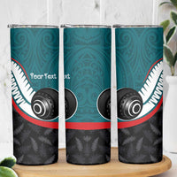 Personalised Aotearoa Lawn Bowls Skinny Tumbler Maori and Silver Fern Sporty Style Teal Color - Polynesian Pride