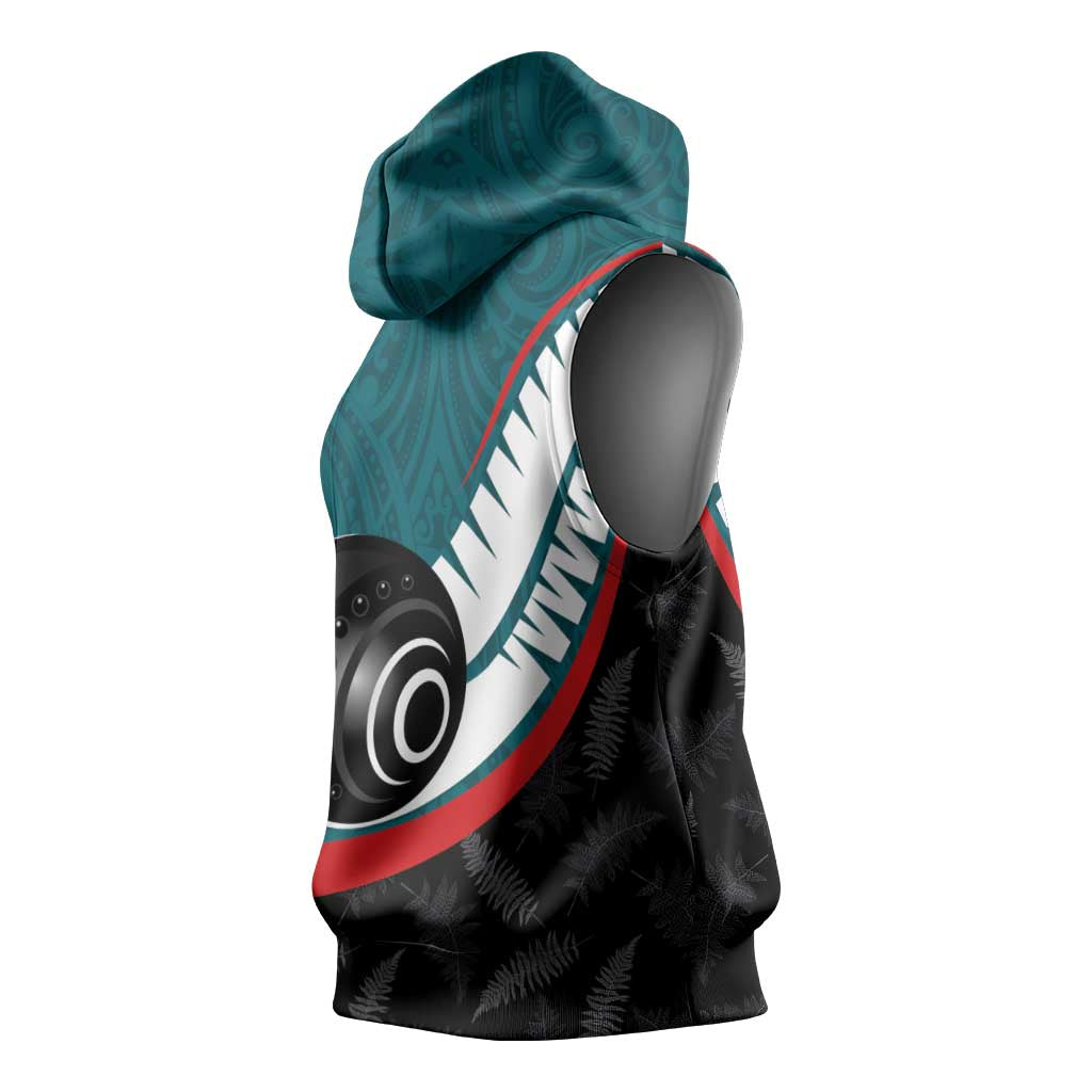 Personalised Aotearoa Lawn Bowls Sleeveless Hoodie Maori and Silver Fern Sporty Style Teal Color - Polynesian Pride