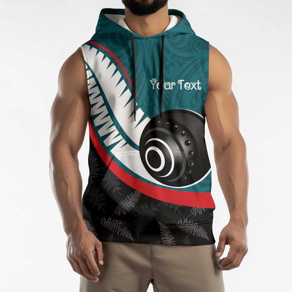 Personalised Aotearoa Lawn Bowls Sleeveless Hoodie Maori and Silver Fern Sporty Style Teal Color - Polynesian Pride