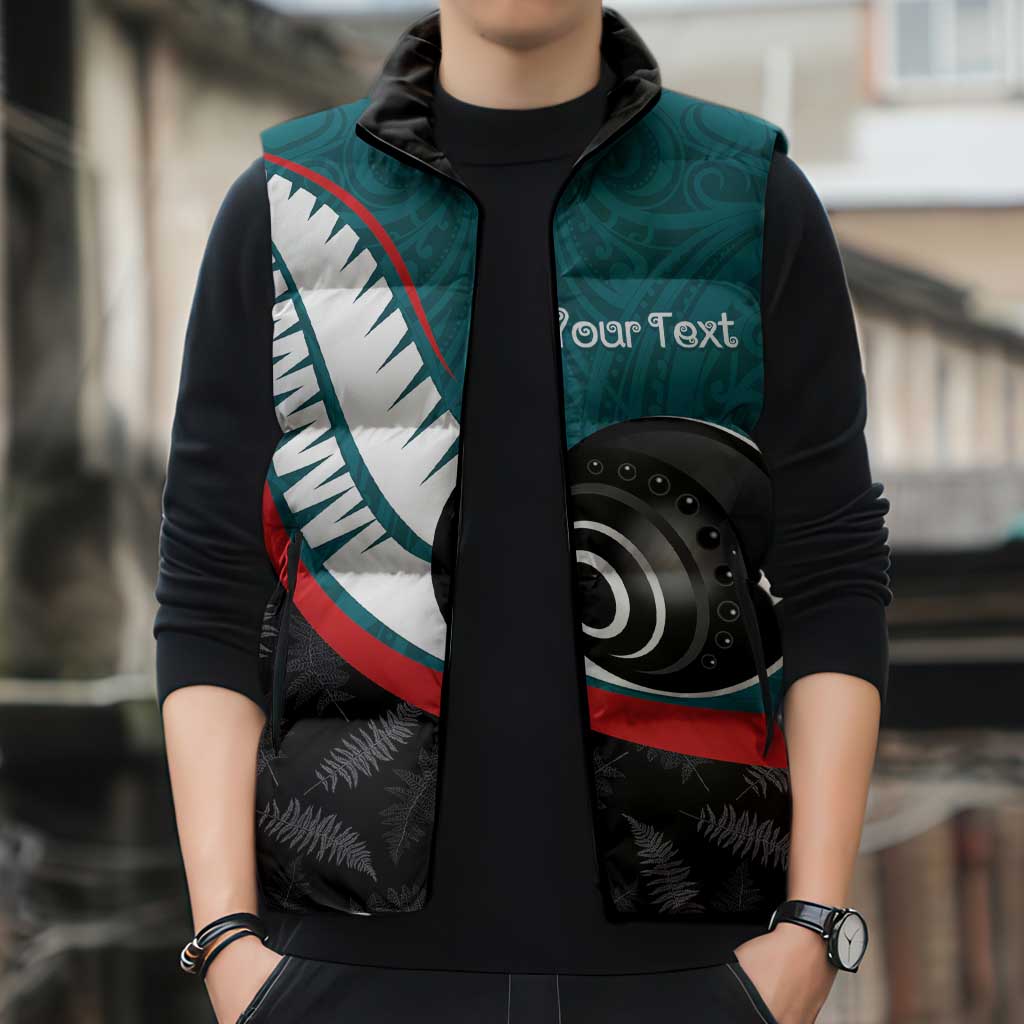 Personalised Aotearoa Lawn Bowls Sleeveless Puffer Jacket Maori and Silver Fern Sporty Style Teal Color - Polynesian Pride