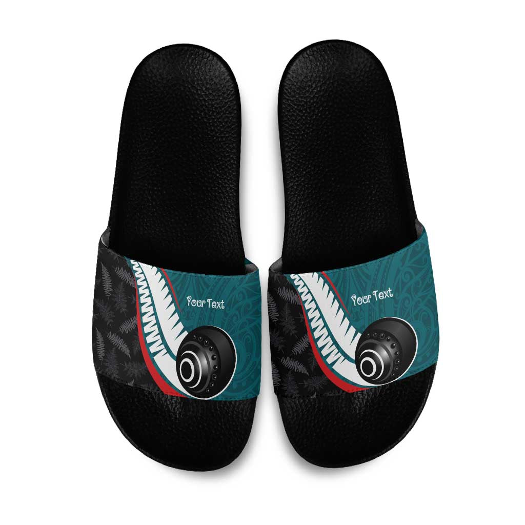 Personalised Aotearoa Lawn Bowls Slide Sandals Maori and Silver Fern Sporty Style Teal Color - Polynesian Pride