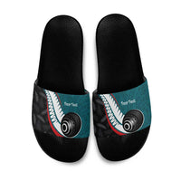 Personalised Aotearoa Lawn Bowls Slide Sandals Maori and Silver Fern Sporty Style Teal Color - Polynesian Pride