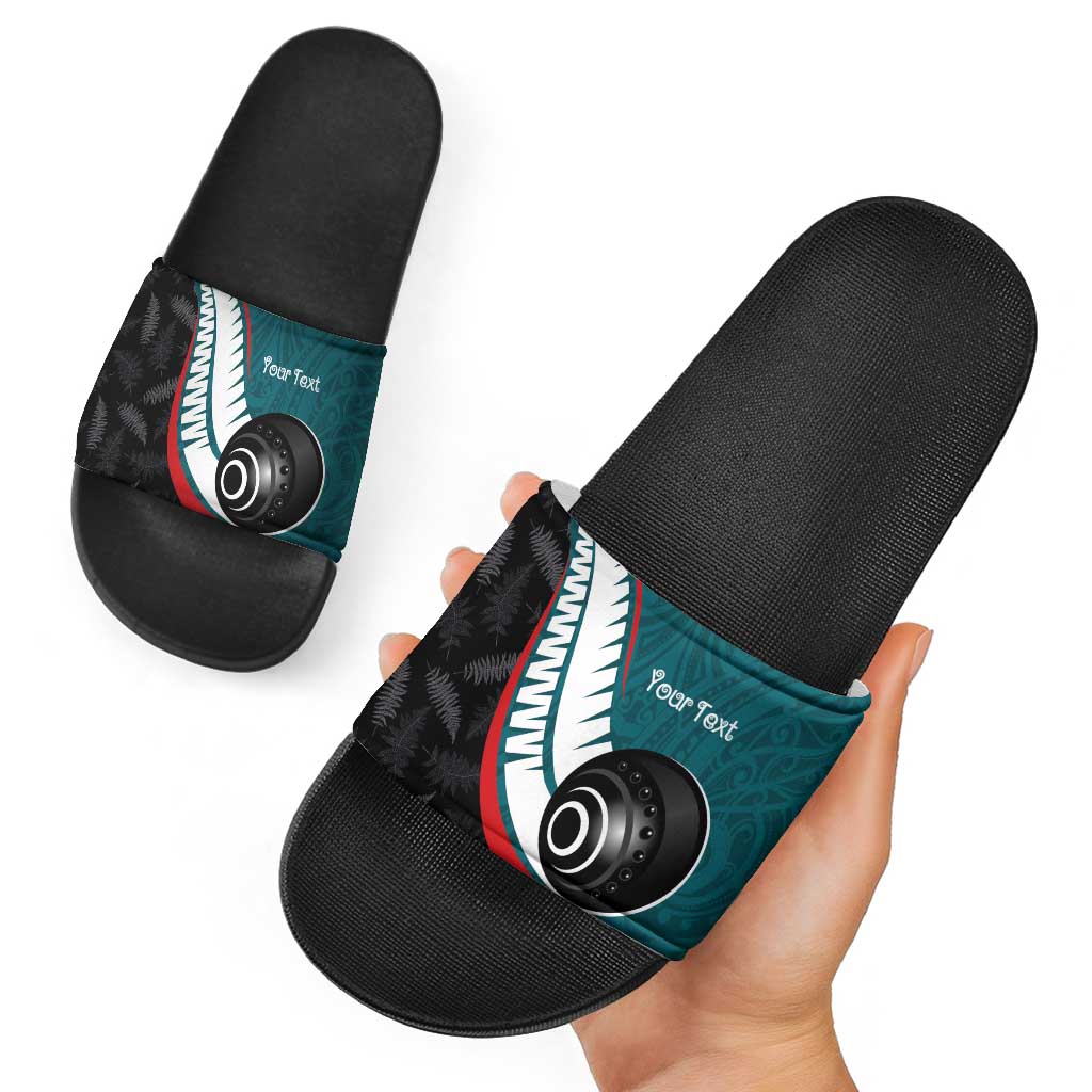 Personalised Aotearoa Lawn Bowls Slide Sandals Maori and Silver Fern Sporty Style Teal Color - Polynesian Pride