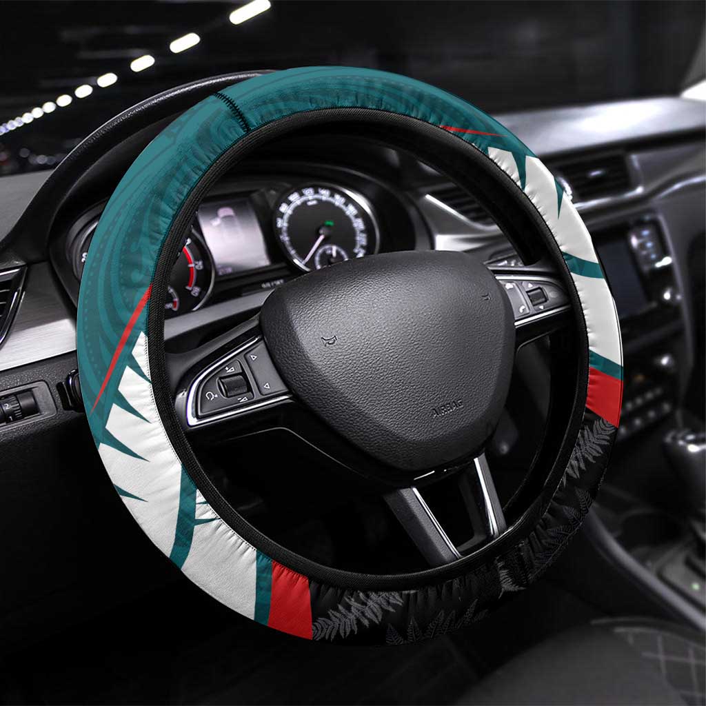 Aotearoa Lawn Bowls Steering Wheel Cover Maori and Silver Fern Sporty Style Teal Color - Polynesian Pride