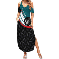 Personalised Aotearoa Lawn Bowls Summer Maxi Dress Maori and Silver Fern Sporty Style Teal Color - Polynesian Pride