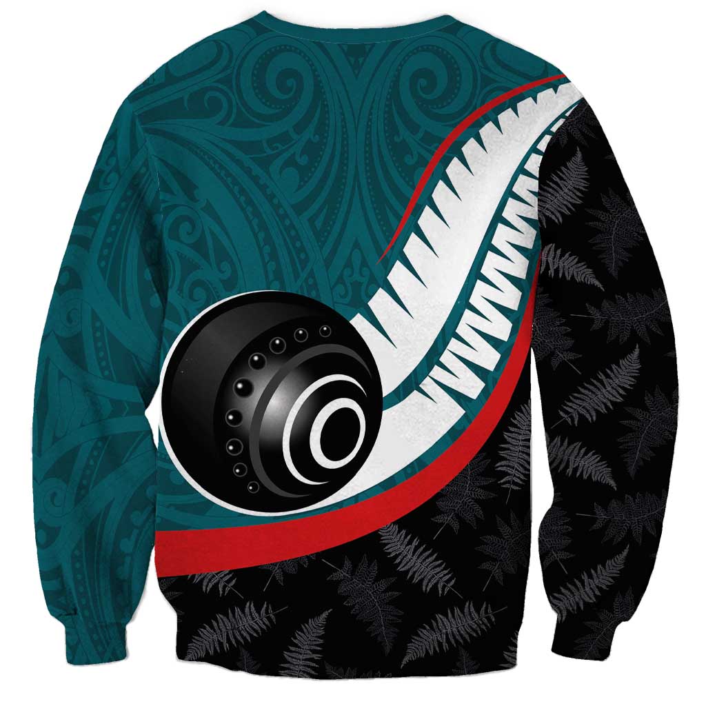 Personalised Aotearoa Lawn Bowls Sweatshirt Maori and Silver Fern Sporty Style Teal Color - Polynesian Pride