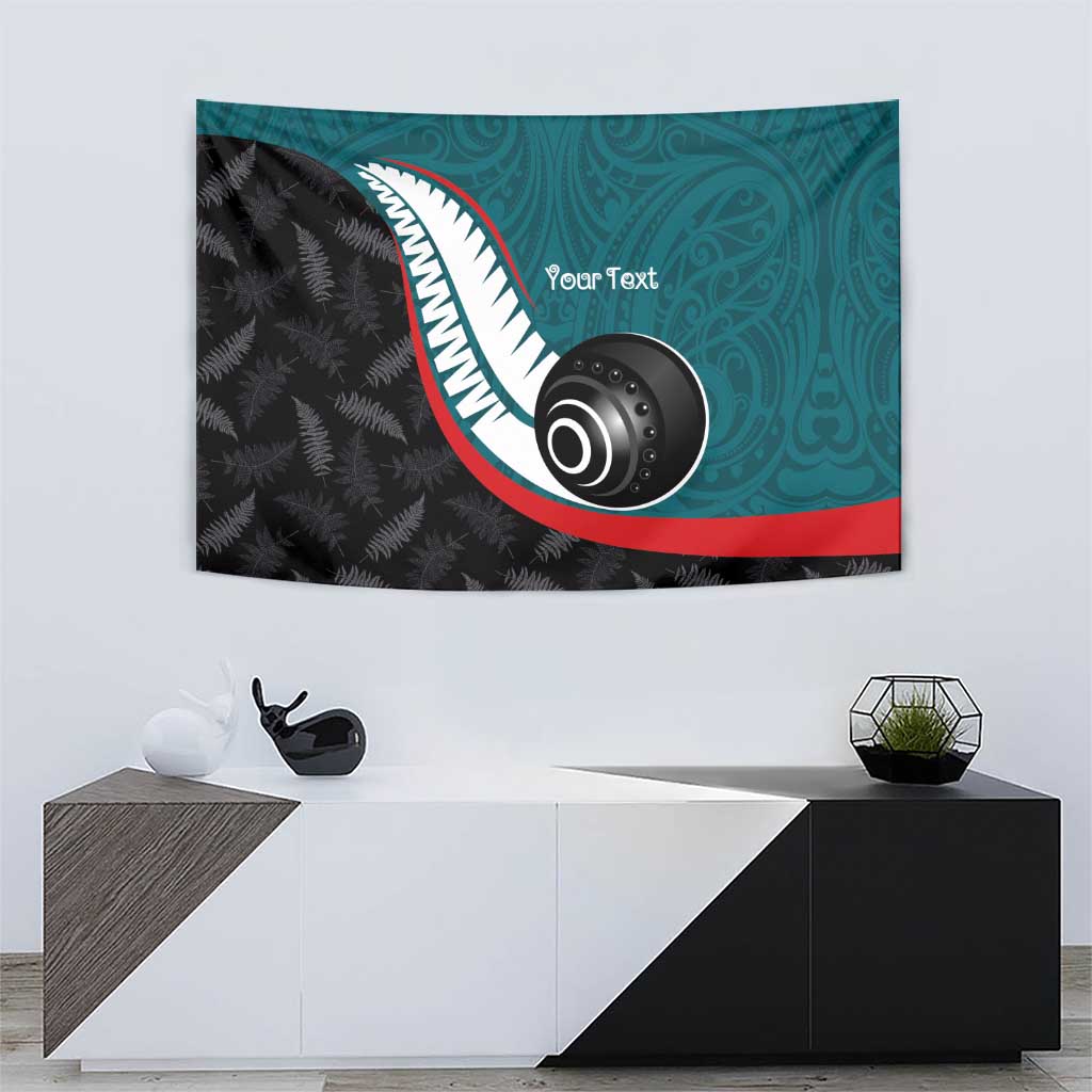 Personalised Aotearoa Lawn Bowls Tapestry Maori and Silver Fern Sporty Style Teal Color - Polynesian Pride