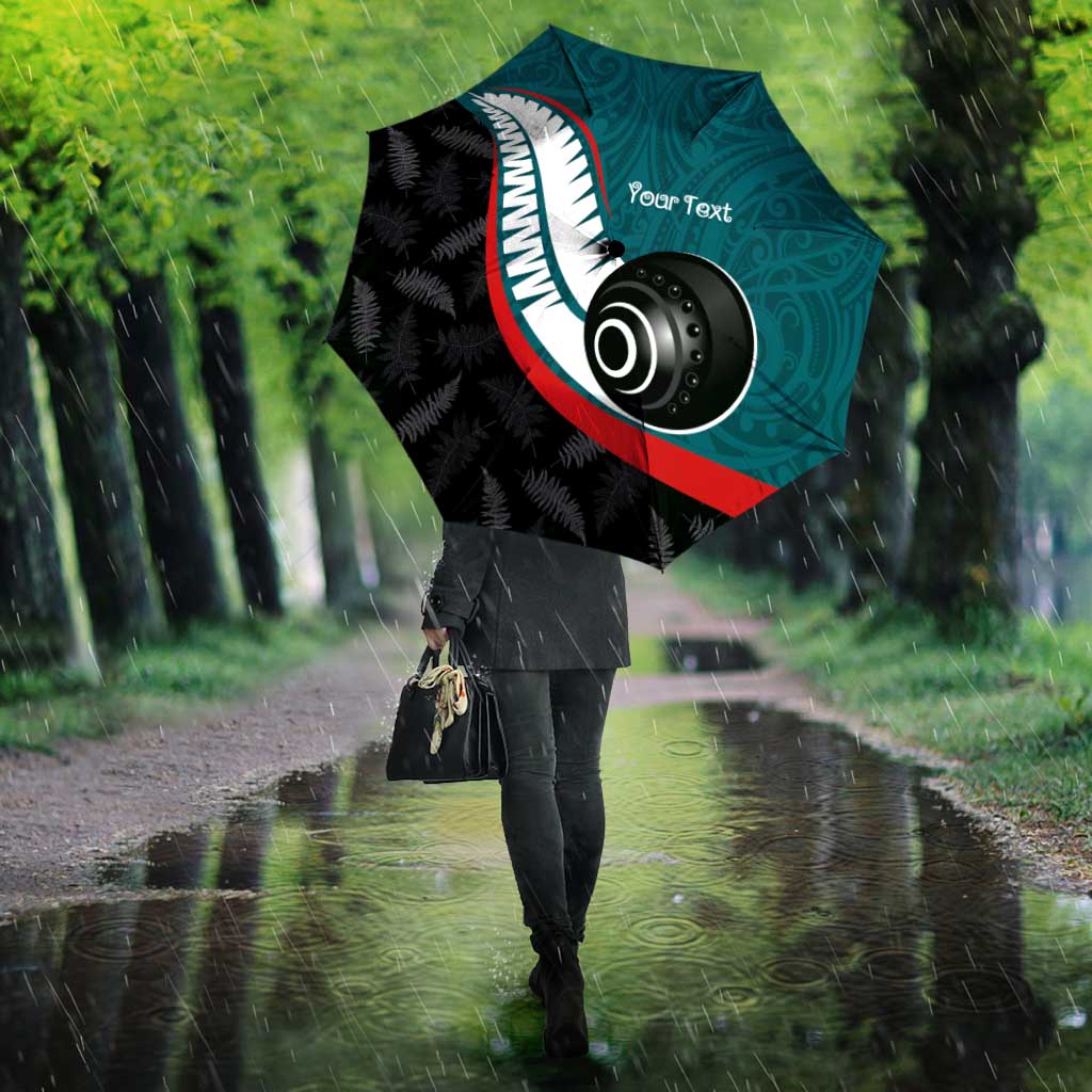 Personalised Aotearoa Lawn Bowls Umbrella Maori and Silver Fern Sporty Style Teal Color - Polynesian Pride