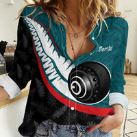 Personalised Aotearoa Lawn Bowls Women Casual Shirt Maori and Silver Fern Sporty Style Teal Color - Polynesian Pride