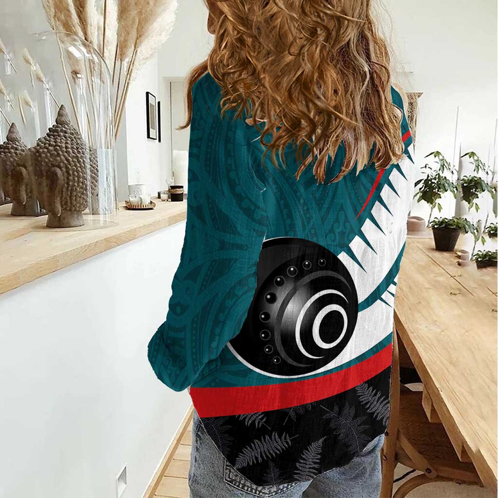 Personalised Aotearoa Lawn Bowls Women Casual Shirt Maori and Silver Fern Sporty Style Teal Color - Polynesian Pride