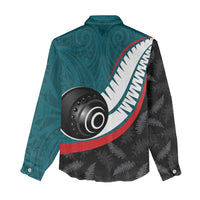 Personalised Aotearoa Lawn Bowls Women Casual Shirt Maori and Silver Fern Sporty Style Teal Color - Polynesian Pride