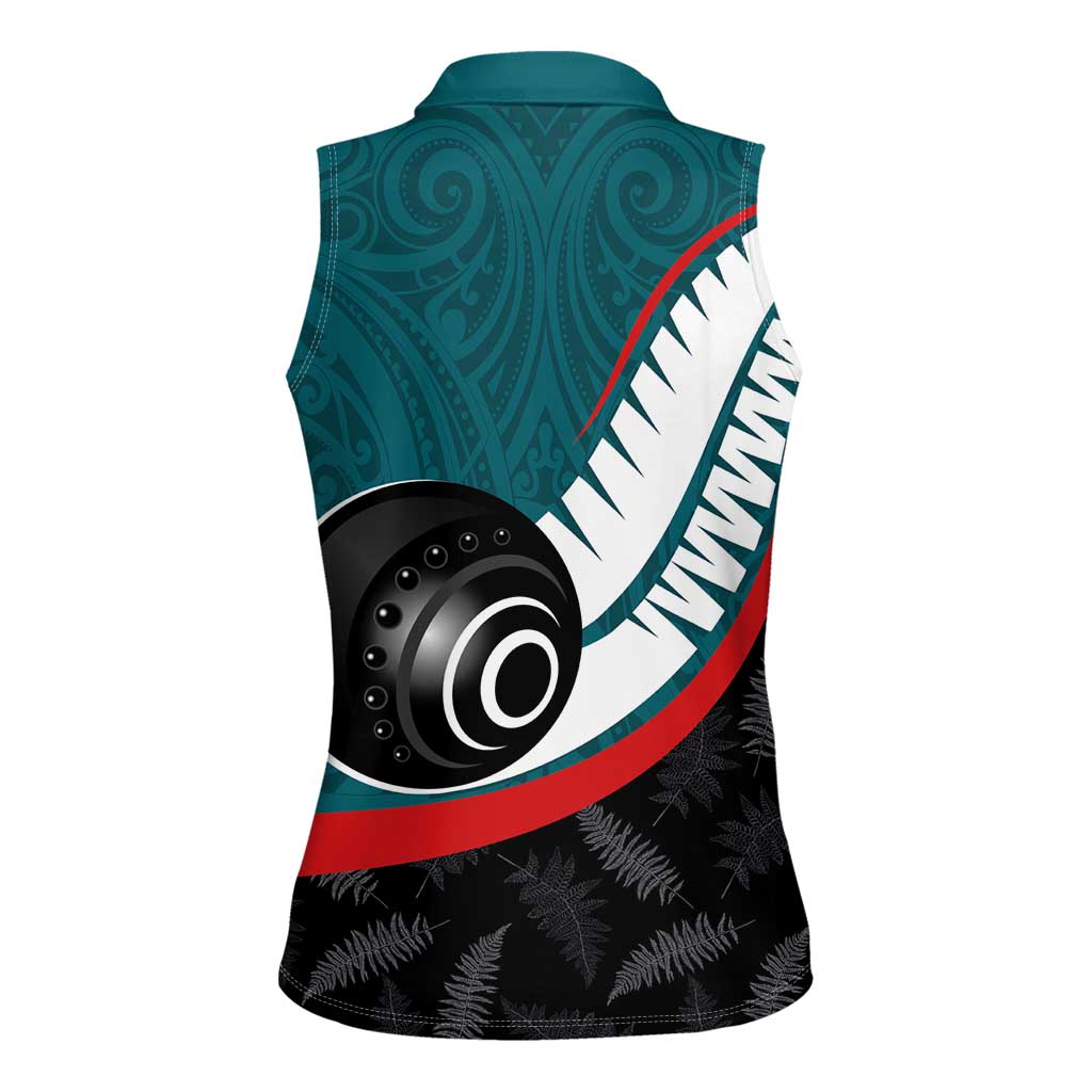 Personalised Aotearoa Lawn Bowls Women Sleeveless Polo Shirt Maori and Silver Fern Sporty Style Teal Color - Polynesian Pride