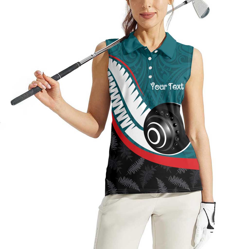 Personalised Aotearoa Lawn Bowls Women Sleeveless Polo Shirt Maori and Silver Fern Sporty Style Teal Color - Polynesian Pride