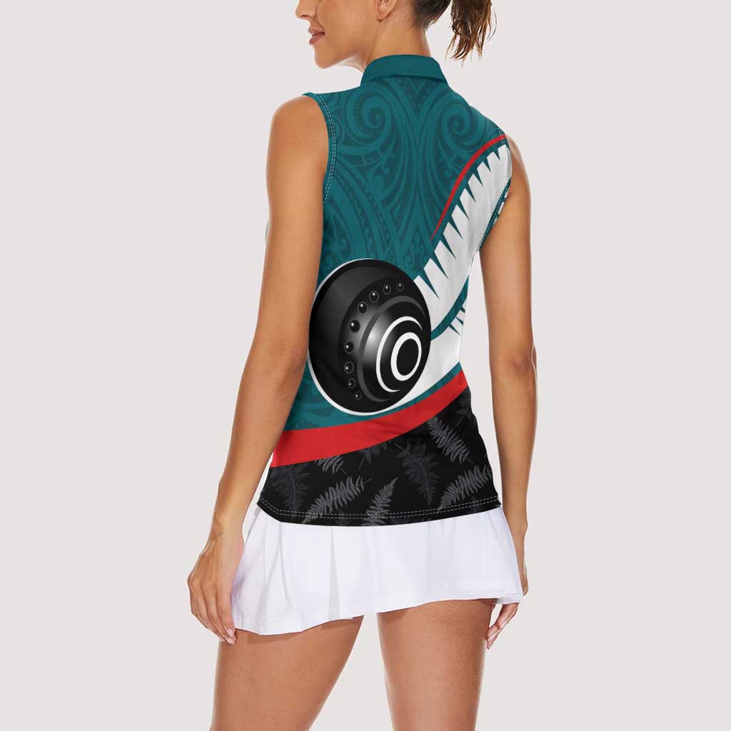 Personalised Aotearoa Lawn Bowls Women Sleeveless Polo Shirt Maori and Silver Fern Sporty Style Teal Color - Polynesian Pride