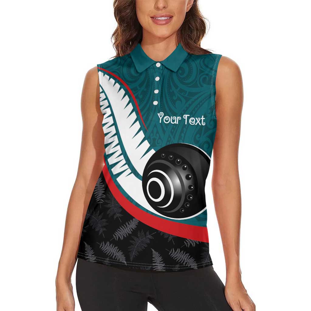 Personalised Aotearoa Lawn Bowls Women Sleeveless Polo Shirt Maori and Silver Fern Sporty Style Teal Color - Polynesian Pride