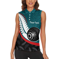 Personalised Aotearoa Lawn Bowls Women Sleeveless Polo Shirt Maori and Silver Fern Sporty Style Teal Color - Polynesian Pride