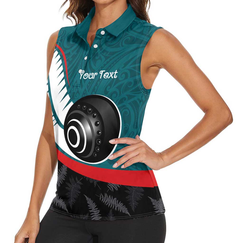 Personalised Aotearoa Lawn Bowls Women Sleeveless Polo Shirt Maori and Silver Fern Sporty Style Teal Color - Polynesian Pride