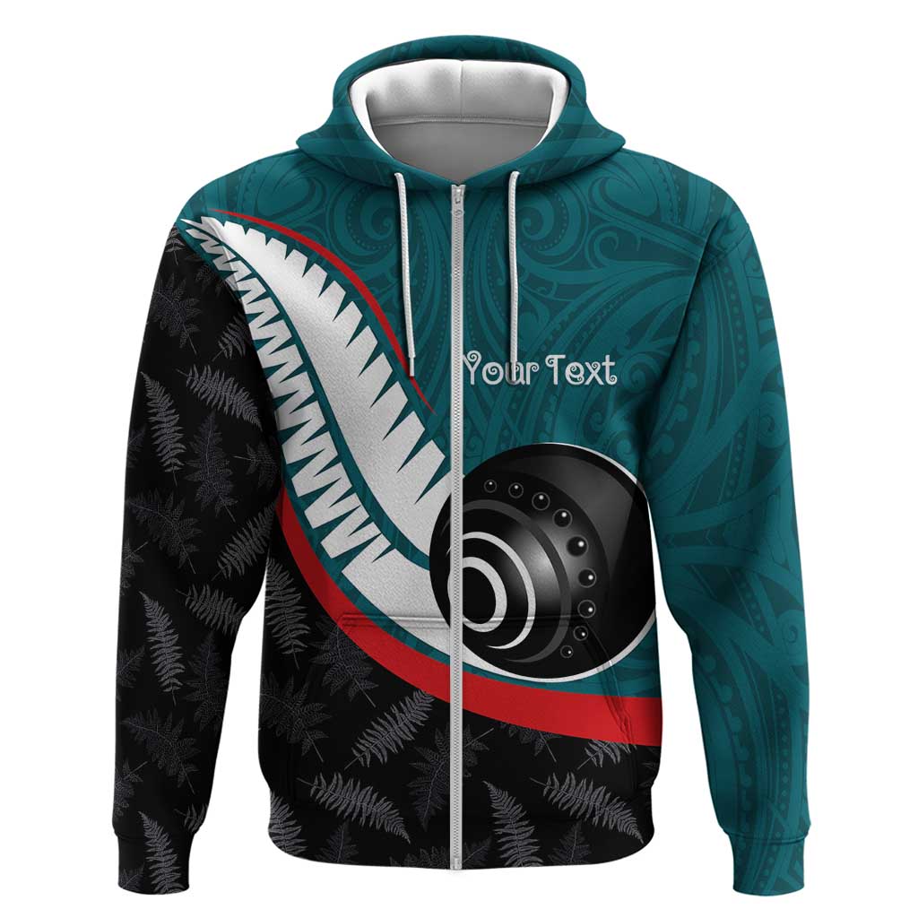 Personalised Aotearoa Lawn Bowls Zip Hoodie Maori and Silver Fern Sporty Style Teal Color - Polynesian Pride