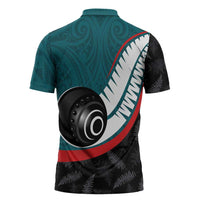 Personalised Aotearoa Lawn Bowls Zipper Polo Shirt Maori and Silver Fern Sporty Style Teal Color - Polynesian Pride