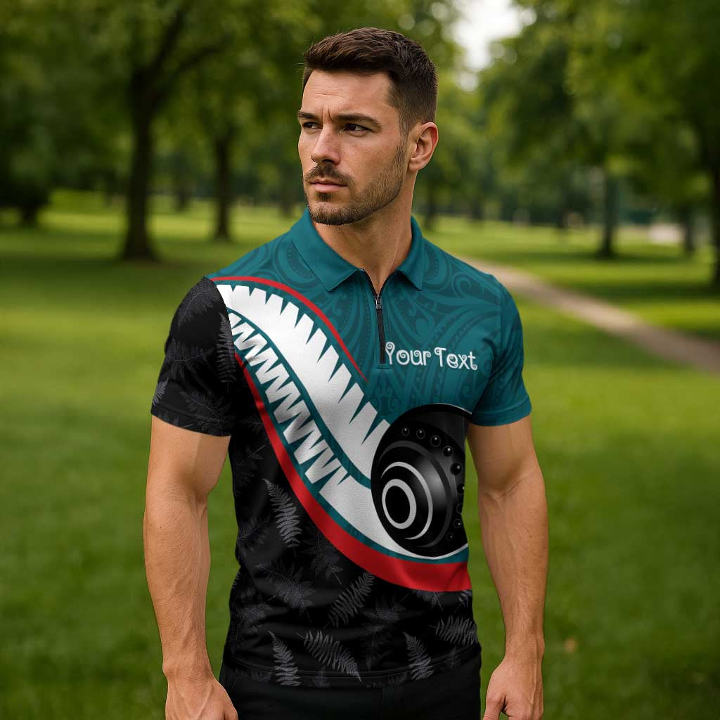 Personalised Aotearoa Lawn Bowls Zipper Polo Shirt Maori and Silver Fern Sporty Style Teal Color - Polynesian Pride