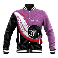 Personalised Aotearoa Lawn Bowls Baseball Jacket Maori and Silver Fern Sporty Style Pink Color - Polynesian Pride